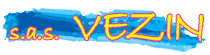 Logo s.a.s. VEZIN de style graffiti. Lettrage jaune néon et contour magenta sur un fond bleu ciel et coups de pinceau sombres.